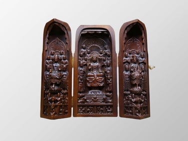 Old Chinese Boxwood Wood Carved Three Buddha Statue