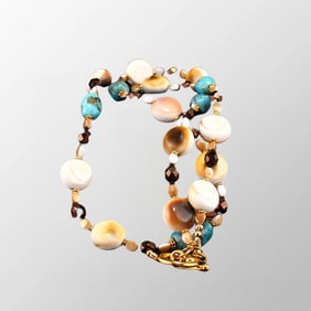 Genuine Kingman's Mine Turquoise & Shiva's Eye Shell Conch Necklace w 24K gilt-old Clasp