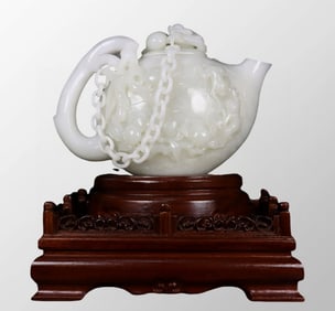 High Quality Chinese Qing Dynasty White Hetian Jade High Relief Monkey Teapot