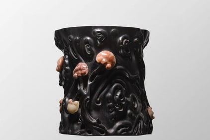 Superb Old Chinese Zitan Wood Inlay Shoushan Stone Brush Pot