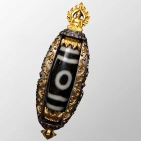 Old Tibetan Silver Plated Gilt Gold Inlay Three Eyes DZI Agate Pendant
