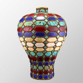 Superb Old Chinese Gilt Edge Bronze Inlay Turquoise & Lapis Lazuli Vase