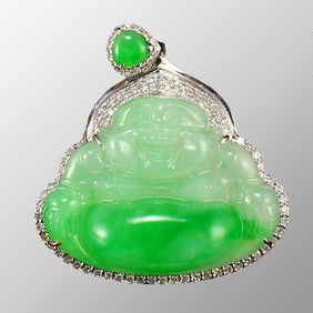 18k White Gold Inlay Natural Jadeite & Diamond Laughing Buddha Pendant w Certificate
