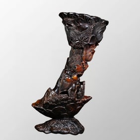 Vintage Ox Horn Carved Carp & Lotus Flower & Lotus Pod Statue w Base