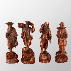 A Set Four Vintage Chinese Boxwood Wood Figure Statues