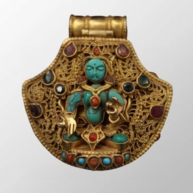 Tibetan Buddhism Silver Plated Gilt Gold Inlay Turquoise Siddhartha Buddha Gawu Box Pendant