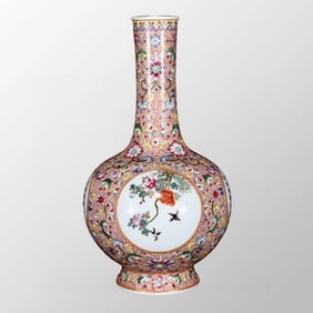 Superb Chinese Qing Dynasty Gilt Edge Famille Rose Flowers Bird Design Porcelain Vase