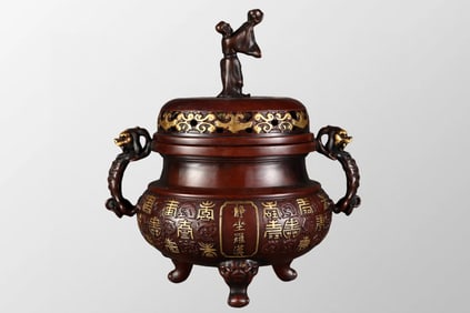 Vintage Chinese Gilt Gold Copper 3 Legs Double Ears Incense Burner