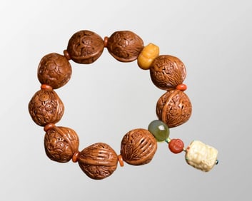 Chinese Walnut Carved Pine Tree & Bamboo & Plum Flower Beads Bracelet