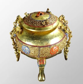 Vintage Chinese Colored Drawing Gilt Gold Bronze 3 Legs Incense Burner