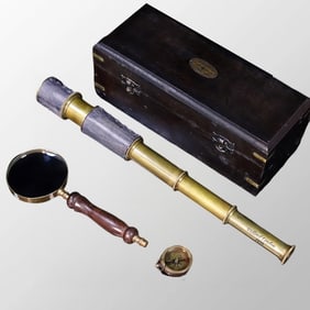 A Set Vintage Bronze Telescope & Magnifier,Compass w Wood Box