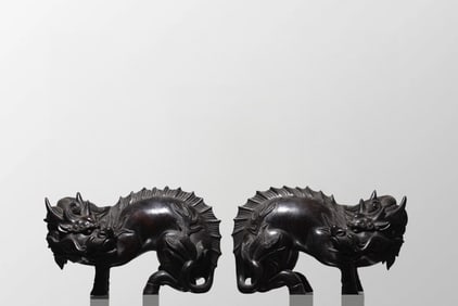 A Pair Chinese Qing Dynasty Zitan Wood Fortune Kylin Statues