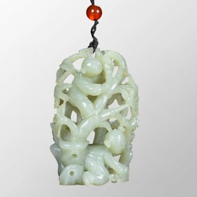 Openwork Chinese Hetian Jade Carved Bamboo & Kid Pendant