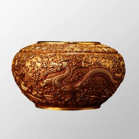 Vintage Chinese Gilt Gold Bronze Low Relief Clouds Dragon Design Pot