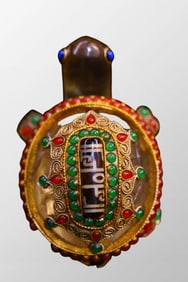 Tibetan Gilt Gold Silver Wires Inlay DZI Agate & Crystal Turtle Statue