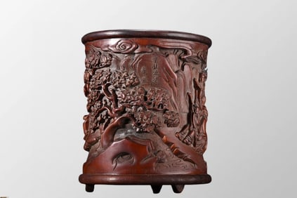 Vintage Chinese Bamboo Carved Sages Meeting Brush Pot