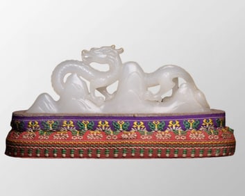 Vintage Chinese Hetian Jade Carved Fortune Dragon Brush Pen Shelf