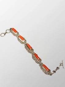 Old Chinese Pure Silver Inlay Coral Bracelet