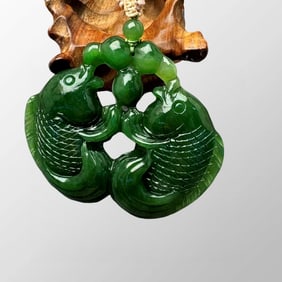 Chinese Natural Green Hetian Jade Carved Double Fish Pendant