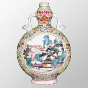 Chinese Qing Dynasty Gilt Edge Famille Rose Live In Remote Mountains Design Porcelain Vase