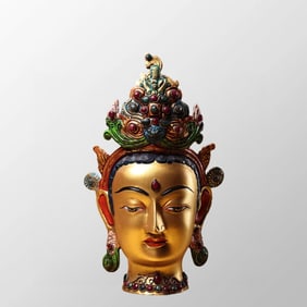 Vintage Gilt Gold Copper Inlay Gem Buddha Head Statue