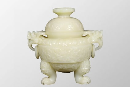 High Quality Chinese Qing Dynasty White Hetian Jade Carved Double Rings 3 Legs Incense Burner