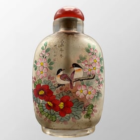 Old Chinese Peking Glass Inside Painting Plum Flower & Magpie Design Snuff Bottle w Stopper