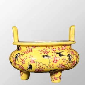 Chinese Qing Dynasty Yellow Glaze Famille Rose Plum Flower & Magpie Design Porcelain Incense Burner
