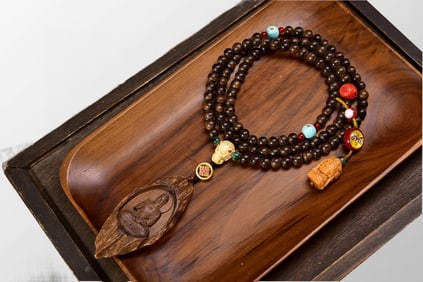 Vietnamese Natural Chenxiang Wood Siddhartha Buddha Pendant/Turquoise & Agate & Beads Necklace