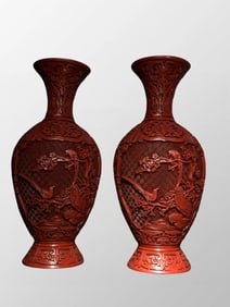 A Pair Vintage Chinese Red Lacquerware Low Relief Plum Flower & Magpie Design Vase