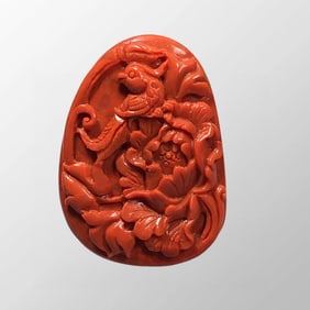 Chinese Natural Nanhong Agate Carved Flower Bird Design Pendant