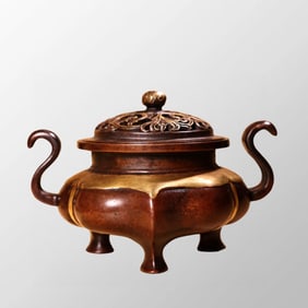 Vintage Chinese Gilt Gold Copper Double Ears 3 Legs Incense Burner