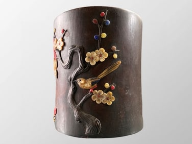 Old Chinese Huali Wood Inlay Shell Plum Flower & Magpie Design Brush Pot