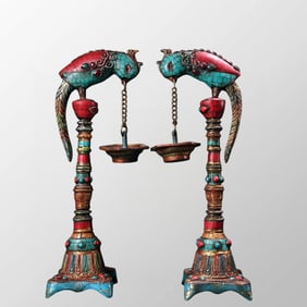 A Pair Tibetan Buddhism Bronze Inlay Turquoise & Gems Bird Candlestick