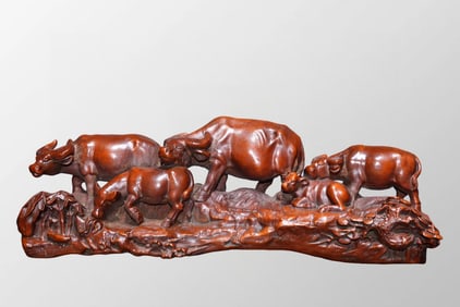 Chinese Boxwood Wood Carved Five Ox Statue
