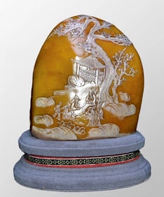 Chinese Qing Dynasty Shoushan Stone Tianhuang Stone Low Relief Sages Meeting Design Statue