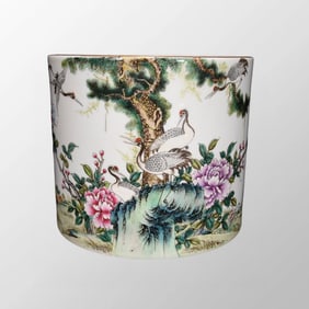 Chinese Qing Dynasty Gilt Edge Famille Rose Pine Tree & Crane Design Porcelain Brush Pot