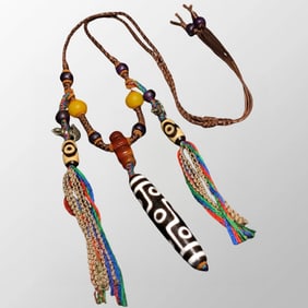 Tibetan Nine Eyes DZI Agate Pendant w Three Eyes DZI Agate & Amethyst Beads Necklace