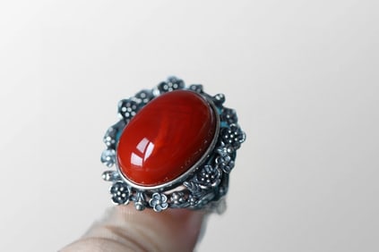 Chinese 925 Silver Inlay Nanhong Agate Ring