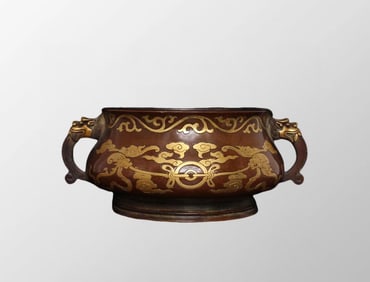 Vintage Chinese Gilt Gold Copper Double Ears 3 legs Incense Burner