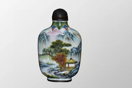 Old Chinese Bronze Cloisonne Mountain River Scene Design Snuff Bottle w Stopper