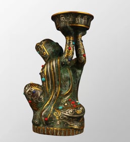 Chinese Han Dynasty Gilt Gold Bronze Figure Candlestick