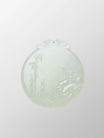 Chinese Natural Hetian Jade Carved Bmaboo & Lotus Leaf & Lotus Flower Pendant