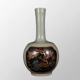 Chinese Ru Kiln Blue Glaze Lacquerware Plum Flower & Magpie Design Porcelain Vase