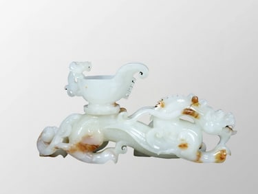 Superb Chinese Qing Dynasty Hetian Jade Carved Fortune Dragon Cup Statue