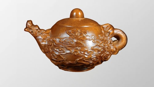Chinese Boxwood Wood Carved Clouds Dragon Design Teapot