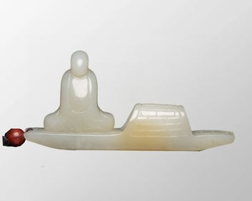 Chinese Natural Hetian Jade Carved Boat & Figure Pendant