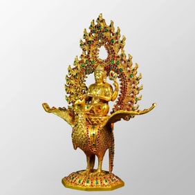 Old Chinese Gilt Gold Bronze Inlay Gems Peacock Mingwang Statue