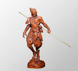Old Chinese Boxwood Wood Carved Mythological Figure Statue - Sun Wukong