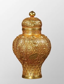 Vintage Chinese Gilt Gold Copper Lotus Leaf & Lotus Flower Design Pot